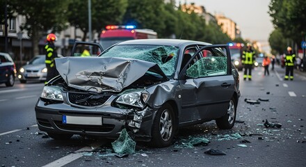 Damaged car after serious road accident on city street with emergency responders. Urban traffic collision scene. Vehicle crash aftermath with broken windshield and crumpled front