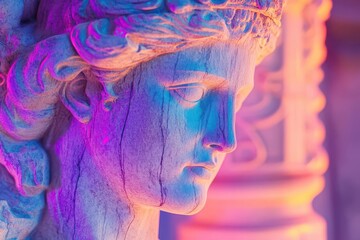 digital sculpture reimagining classical statue in vaporwave aesthetics glitch effects and neon highlights on marble texture