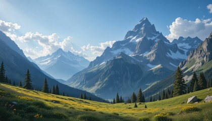 Fototapeta premium Majestic Mountain Landscape with Green Valley and Blue Sky