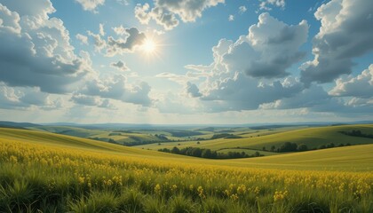 Fototapeta premium Serene Golden Meadow Under Vibrant Sky with Fluffy Clouds