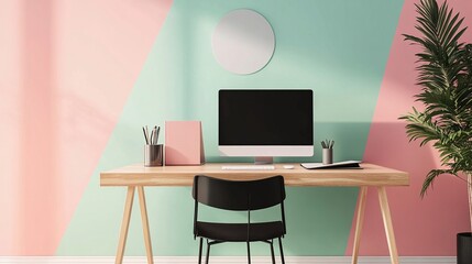 Abstract Scandinavian style workspace, geometric shapes design, modern Architectural Digest inspired interior design concept for creative professionals.