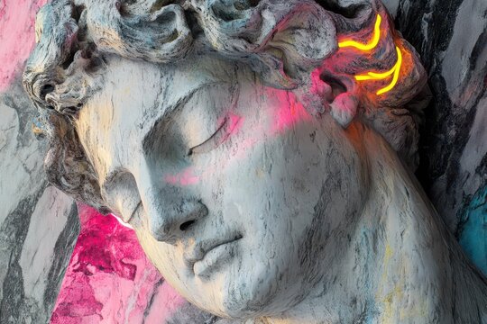 digital sculpture reimagining classical statue in vaporwave aesthetics glitch effects and neon highlights on marble texture