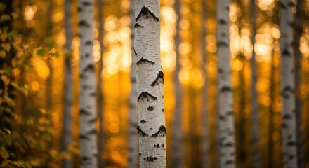 Fototapeta premium Serene Birch Forest in Autumn with Golden Leaves Illuminating the Scene