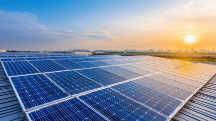 A panoramic view of solar panels on a rooftop, with a vibrant sunset and city skyline in the background, highlighting renewable energy and sustainability.