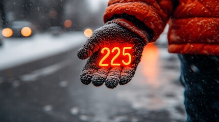 Someone wearing a glove with the bright number two hundred twenty five