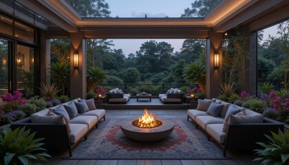 Cozy Outdoor Living Space with Fire Pit Surrounded by Lush Nature