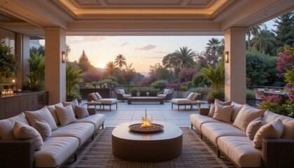 Obraz premium Elegant Outdoor Living Space with Cozy Fire Pit at Sunset
