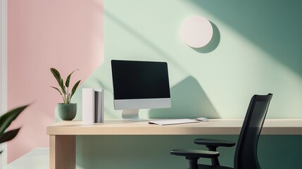 Obraz premium Abstract Scandinavian style workspace, geometric shapes design, modern Architectural Digest inspired interior design concept for creative professionals.