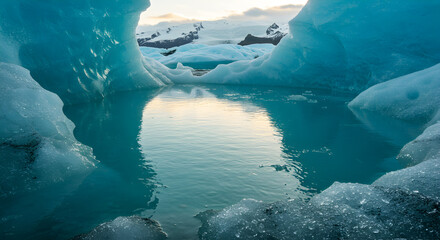 Serene glacial lagoon: Turquoise waters nestled between ancient ice formations