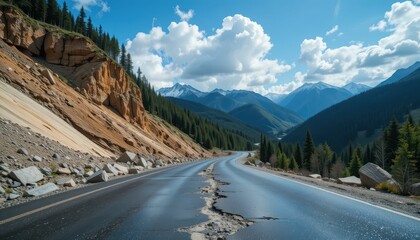 Fototapeta premium Cracked Mountain Road Surrounded by Scenic Nature and Blue Sky