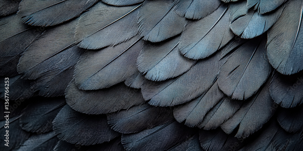 Poster close up of a bird's feathers, with a blue and white pattern. the feathers are arranged in a way tha