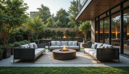 Fototapeta premium Stylish Outdoor Living Space with Fire Pit and Modern Seating