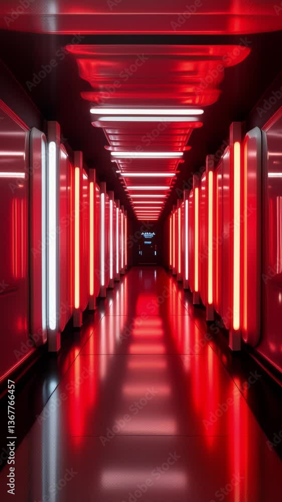 Aufkleber Abstract corridor with glowing red and white light patterns creating a futuristic atmosphere in a dark environment