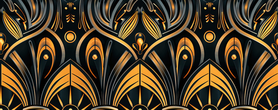 Elegant and luxurious seamless art deco pattern with stylized floral and geometric motifs in gold and black - Powered by Adobe
