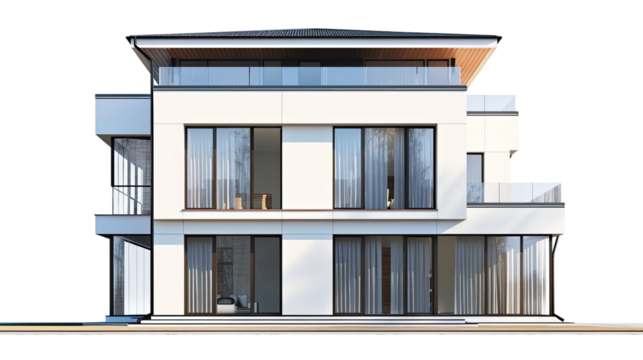 Contemporary Residence: A modern home featuring sleek architectural lines, large windows, and a flat roof, embodies contemporary design aesthetics.