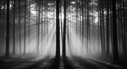Naklejka premium Ethereal forest landscape with mist and sun rays filtering through trees