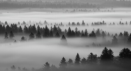 Naklejka premium Serene Black and White Foggy Forest Landscape at Dawn with Misty Atmosphere