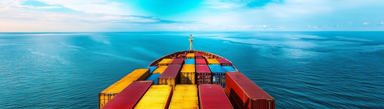 Vibrant Cargo Vessel Sailing Across Tranquil Turquoise Waters - Front View Photo