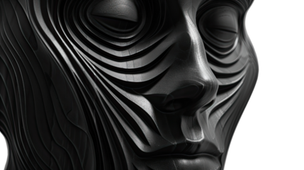 Intricate Layers: An artistic close-up of a sculpted face, its features carved from dark material, showcasing a unique design with a sense of depth and serenity.