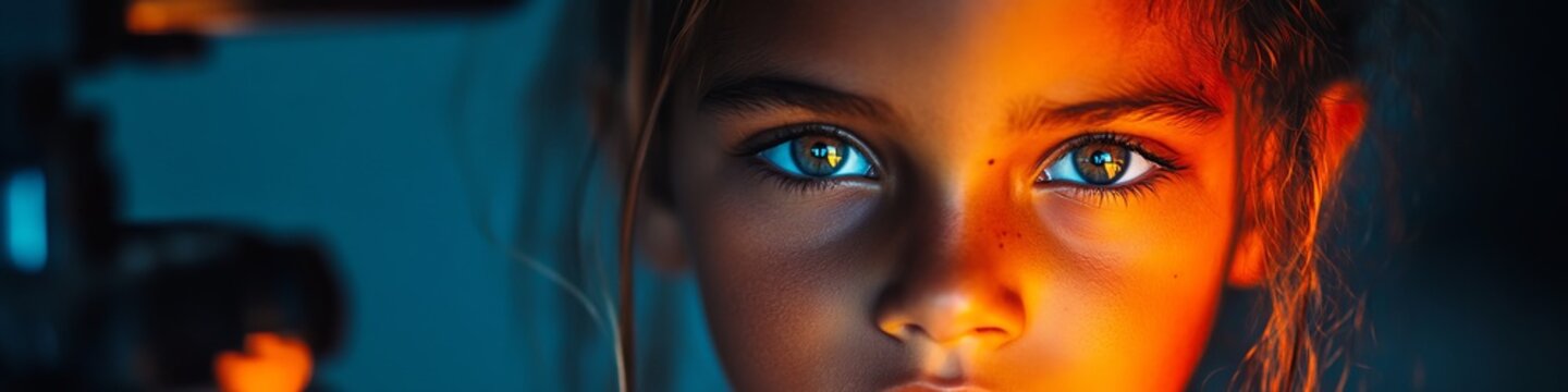 Young Girl Undergoing Eye Exam Using High-Tech Slit Lamp, Close-up Portrait, Health Concept