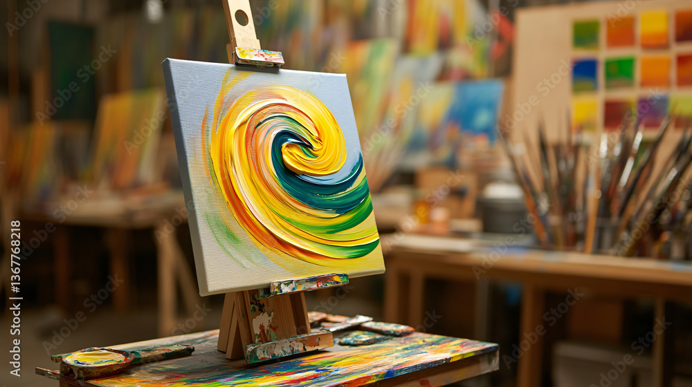Poster a beautiful painting on an easel showcasing whirls of color and dynamic movement in a stunning artis
