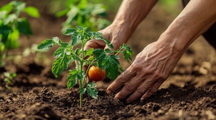 Hands Planting Fresh Tomato Seedling in Garden Soil for Homegrown Vegetables
