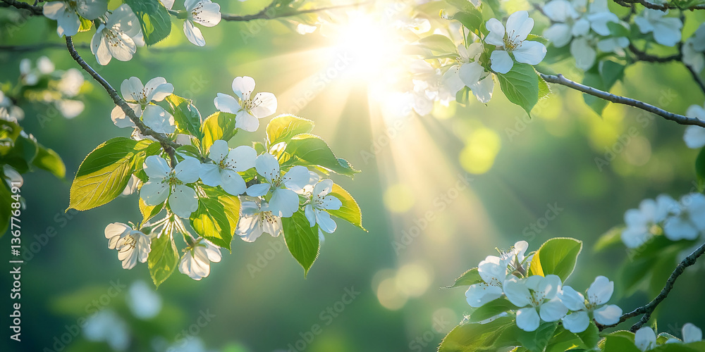 Poster white blossoms on branch, sun rays shining through leaves, creating soft light effect, symbolizing s