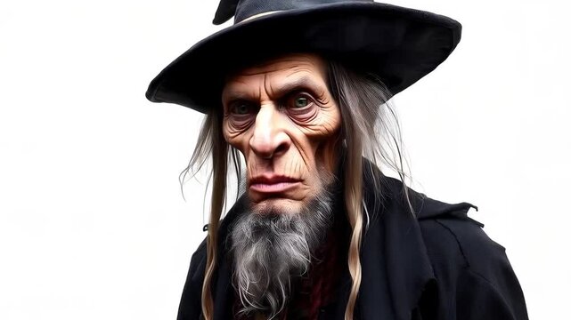 Old wizard in a wizard hat isolated on a white background with copy space