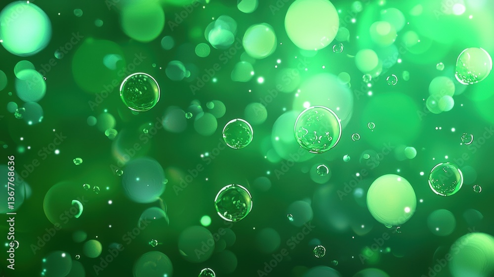 Poster a vibrant green background filled with bubbles, creating a lively and refreshing atmosphere, perfect
