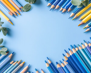Colored pencils on a blue background. Back to school concept