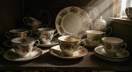 Fototapeta premium Vintage Photograph of a Floral Porcelain Tea Set with Teapot and Cups on a Wooden Shelf, Ai Generated Image