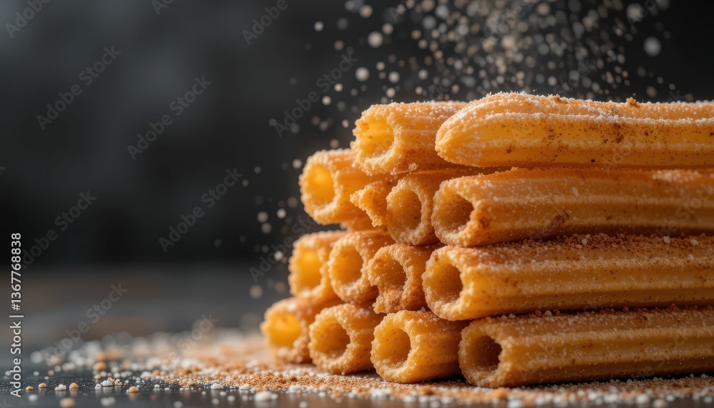 Poster crispy churros dusted with sugar on rustic table background