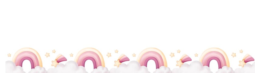 Magical board of clouds, rainbows and stars in soft pastel colors. For children's birthday greetings design, cards, prints, posters, stickers, etc. Hand drawn illustration. JPG 300 dpi.