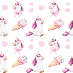 Delicate pattern with cute unicorns with bows, ice cream and hearts in pastel soft pink colors. For children's birthday greetings design, cards, prints, posters, stickers, etc. 