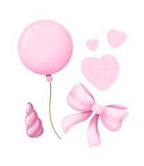 Watercolor set of cute bows, balloons, hearts, unicorn horn in pastel soft pink colors. For kids birthday greetings design, cards, prints, posters, stickers, etc. Hand drawn illustration. JPG 300 dpi. © Natali