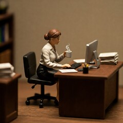 Miniature Office Worker with Coffee Mug