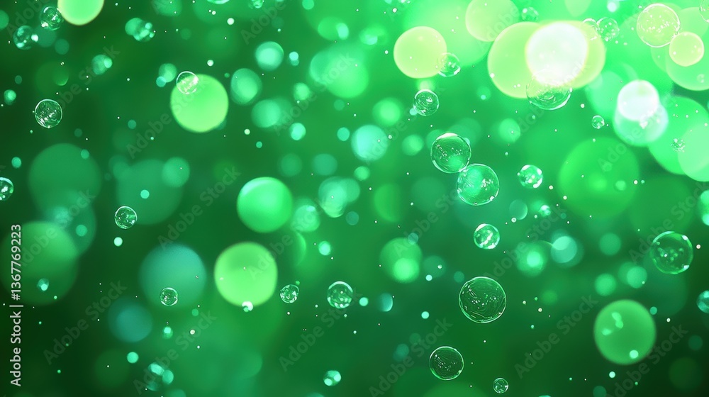 Poster a vibrant green backdrop filled with floating bubbles, creating a whimsical and refreshing atmospher