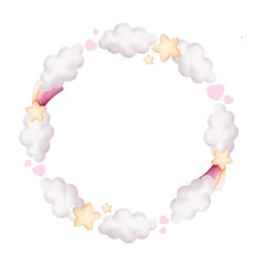 Cute watercolor round frame of airy clouds and stars with rainbow in soft pastel pink, white and yellow colors. Hand drawn illustration on white background. JPG 300 dpi.