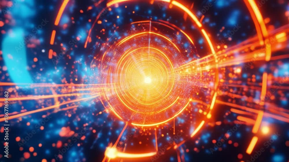 Poster abstract digital artwork of glowing orange and blue circular patterns in a futuristic concept of lig