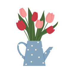 bouquet of spring tulips in a watering can -vector illustration