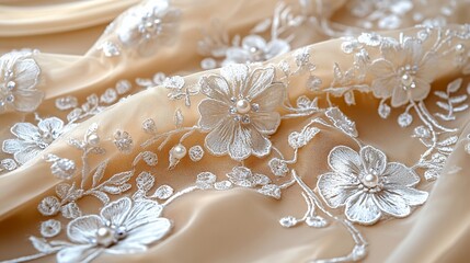 Beige Fabric with White Floral Embroidery and Pearl Accents