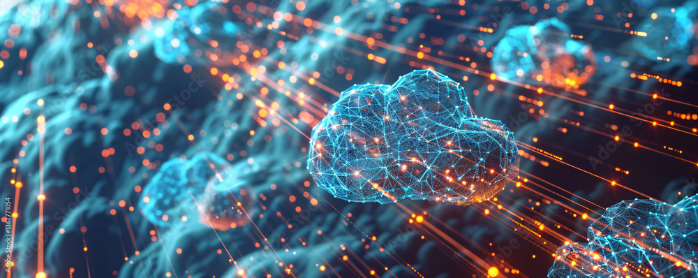 Aufkleber cloud computing technology connecting through a network of data with glowing lines and particles