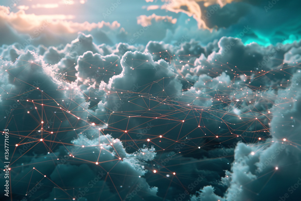 Poster cloud computing: glowing points connected by a network in the sky