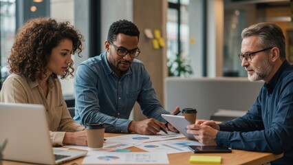Fototapeta premium Diverse team collaborating on business data at office, focused on success.