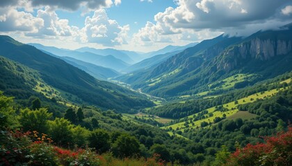 Obraz premium Serene Mountain Valley with Lush Greenery and Stunning Clouds