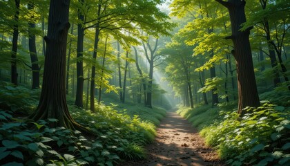 Obraz premium Sunlit Path Through Lush Green Forest with Gentle Mist and Trees