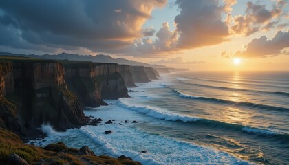 Fototapeta premium Serene Sunset Over Majestic Cliffs and Ocean Waves at Dusk