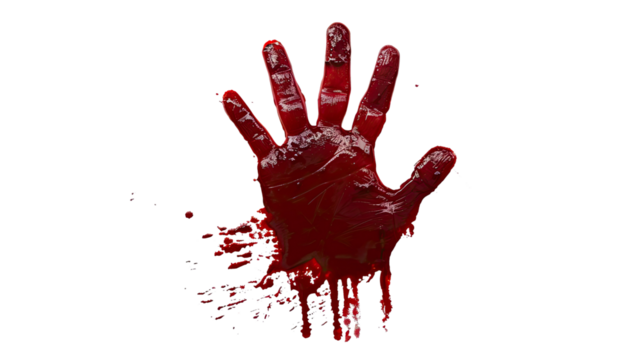 Bloodstained hand print: A chilling close-up of a hand print soaked in blood, creating a visual of terror and foreboding.