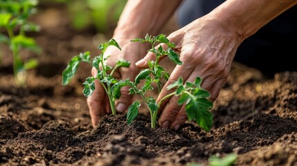 Hands Planting Fresh Tomato Seedling in Garden Soil for Homegrown Vegetables