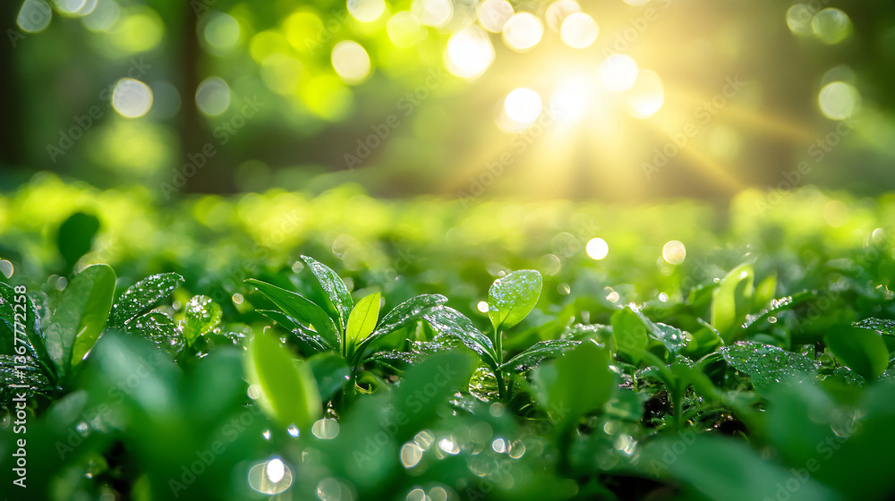Poster sunlight shining through leaves in a vast field of grass creating a bright and inviting natural envi